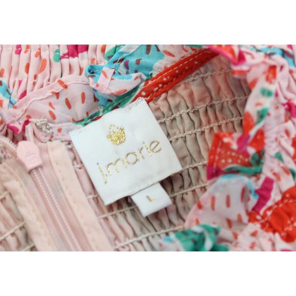 J Marie Pink Confetti Floral Smocked A Line Tiered Dress Size L Ruffle Fit Flare - Picture 6 of 8